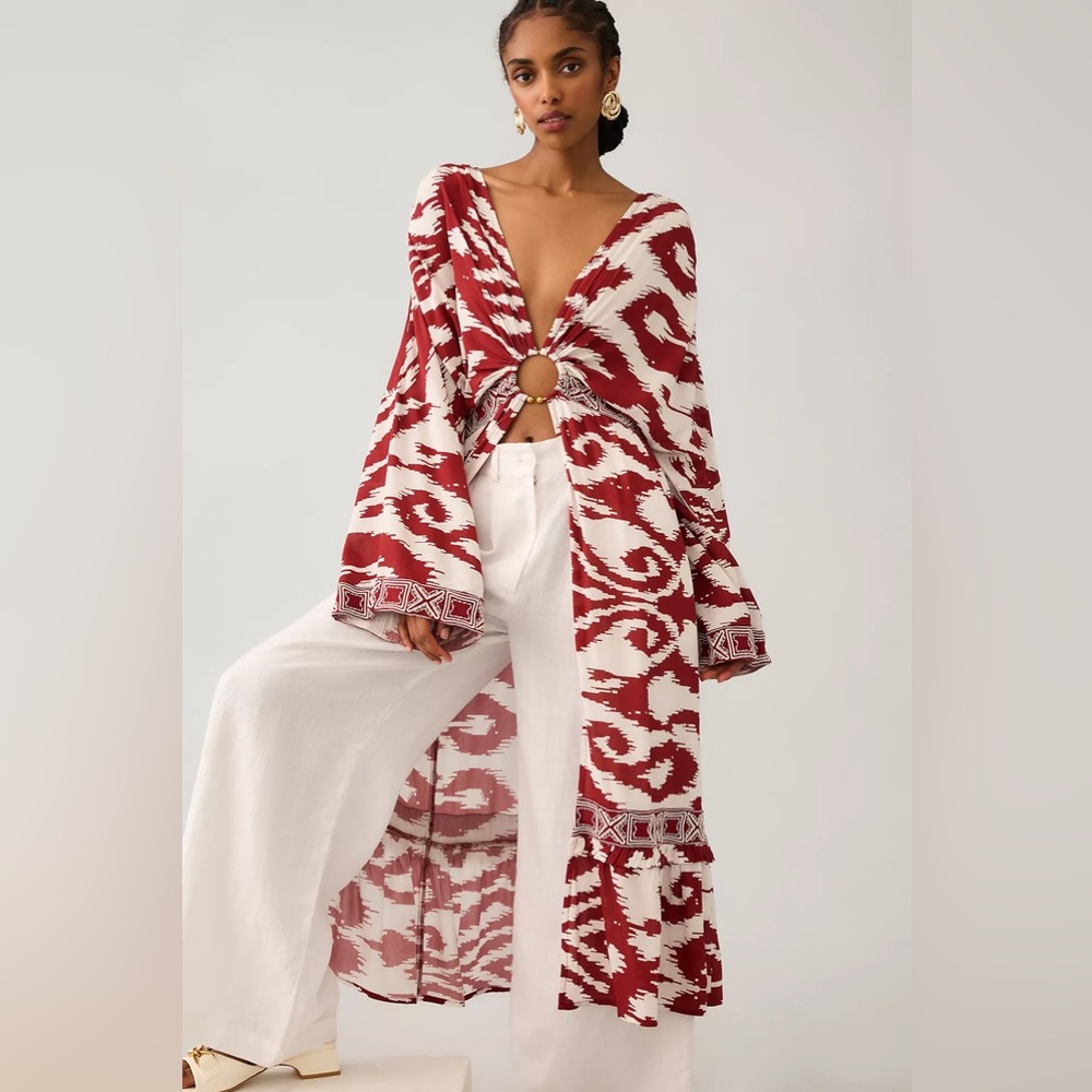 NWT Anthropologie Women's Red Printed Front Ring Kaftan Cover Up Kimono Size M/L